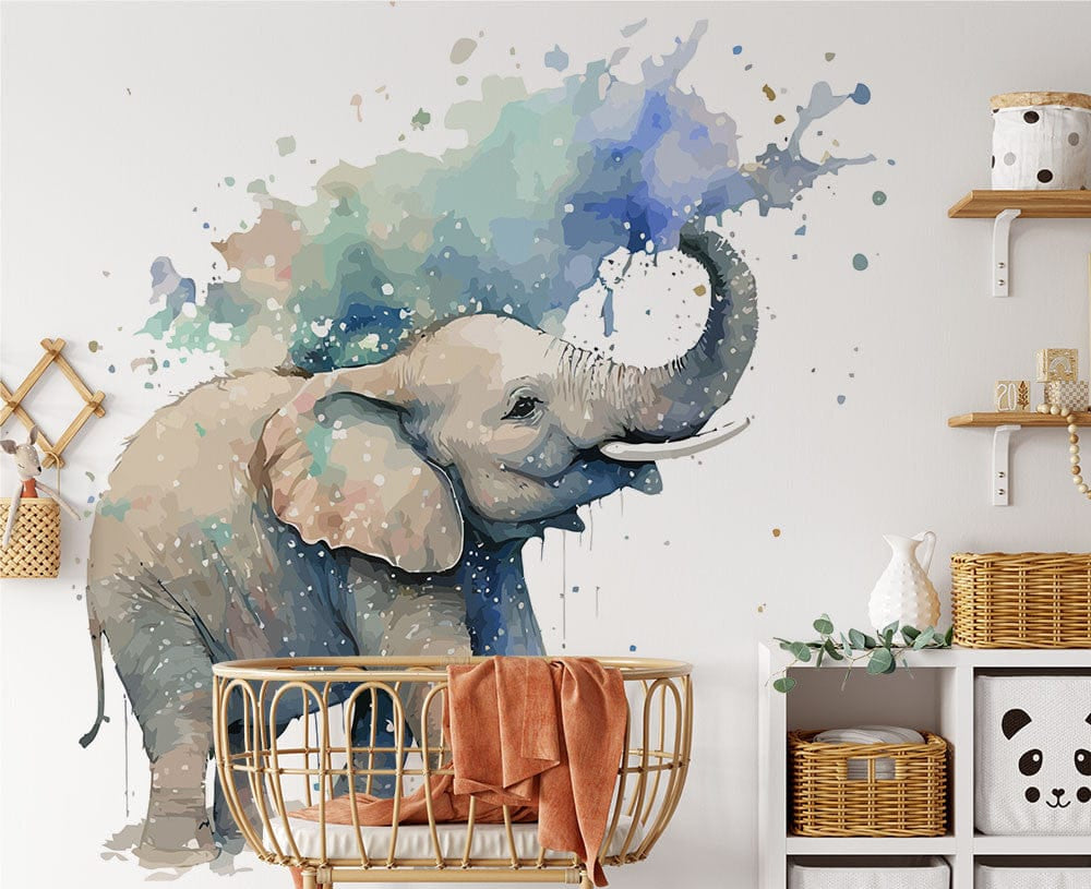 Papier peint panoramique éléphant trompe magique illustré, dans une chambre d'enfant