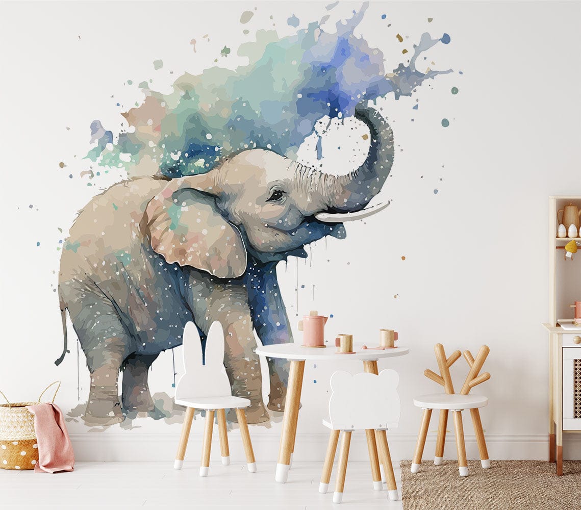 Deuxième vue du papier peint éléphant trompe magique dans une chambre d'enfant