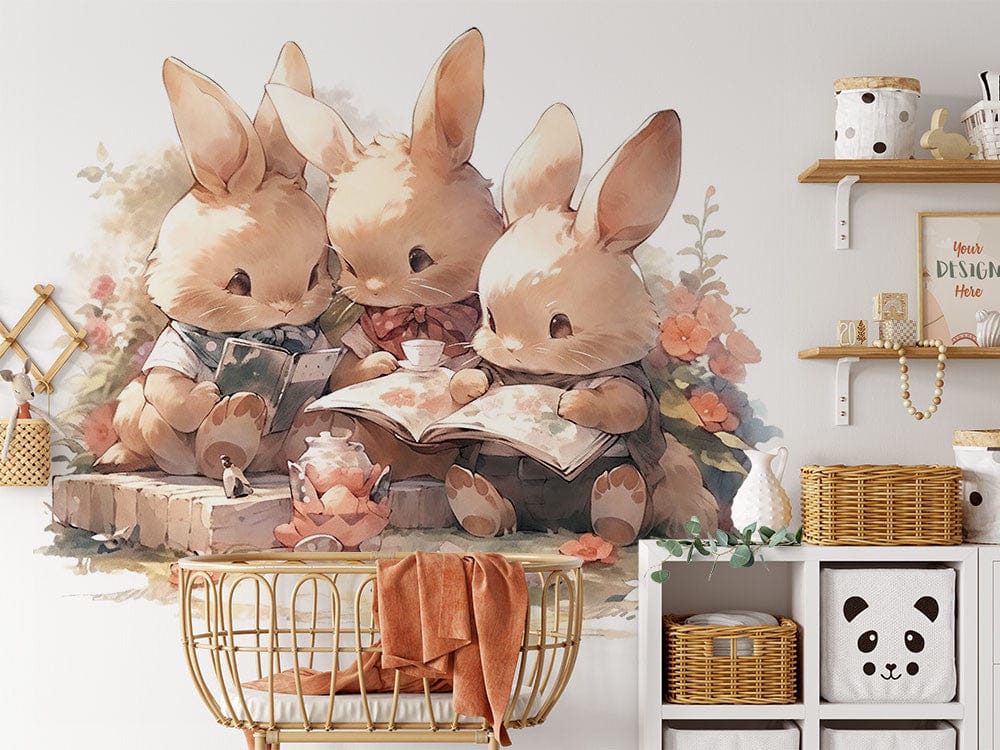 Papier peint panoramique famille lapin illustré, dans une chambre d'enfant