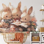 Papier peint panoramique famille lapin illustré, dans une chambre d'enfant