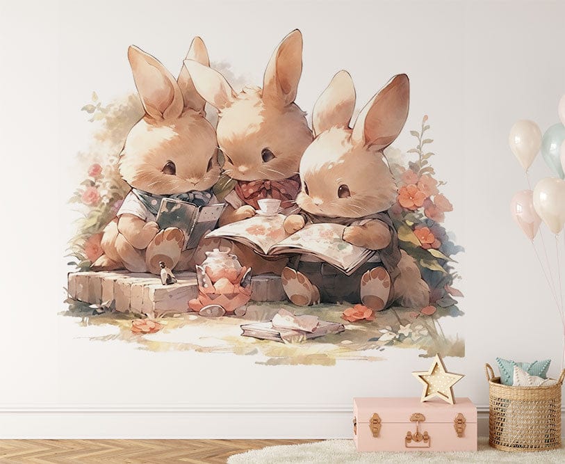 Deuxième vue du papier peint famille lapin dans une chambre d'enfant