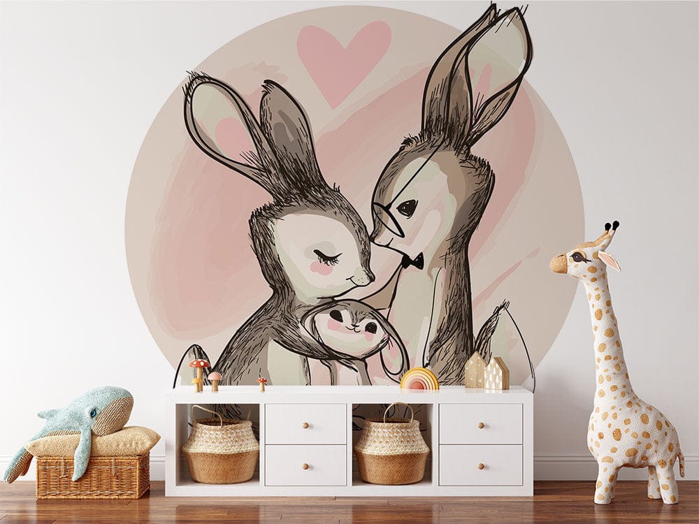 Papier peint panoramique famille lapin love illustré, dans une chambre d'enfant