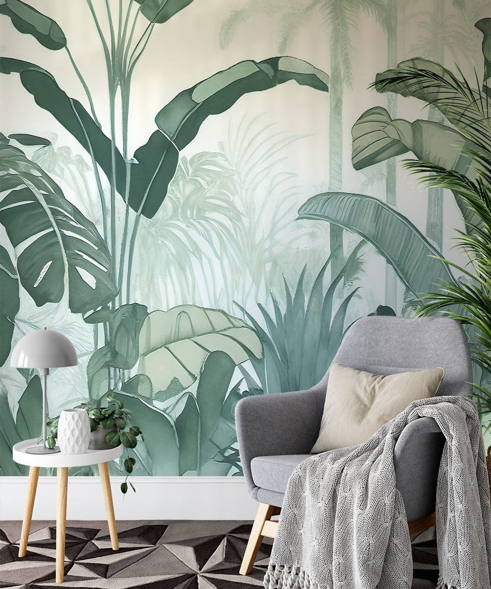 Papier peint panoramique feuillage jungle illustré, dans une chambre adulte