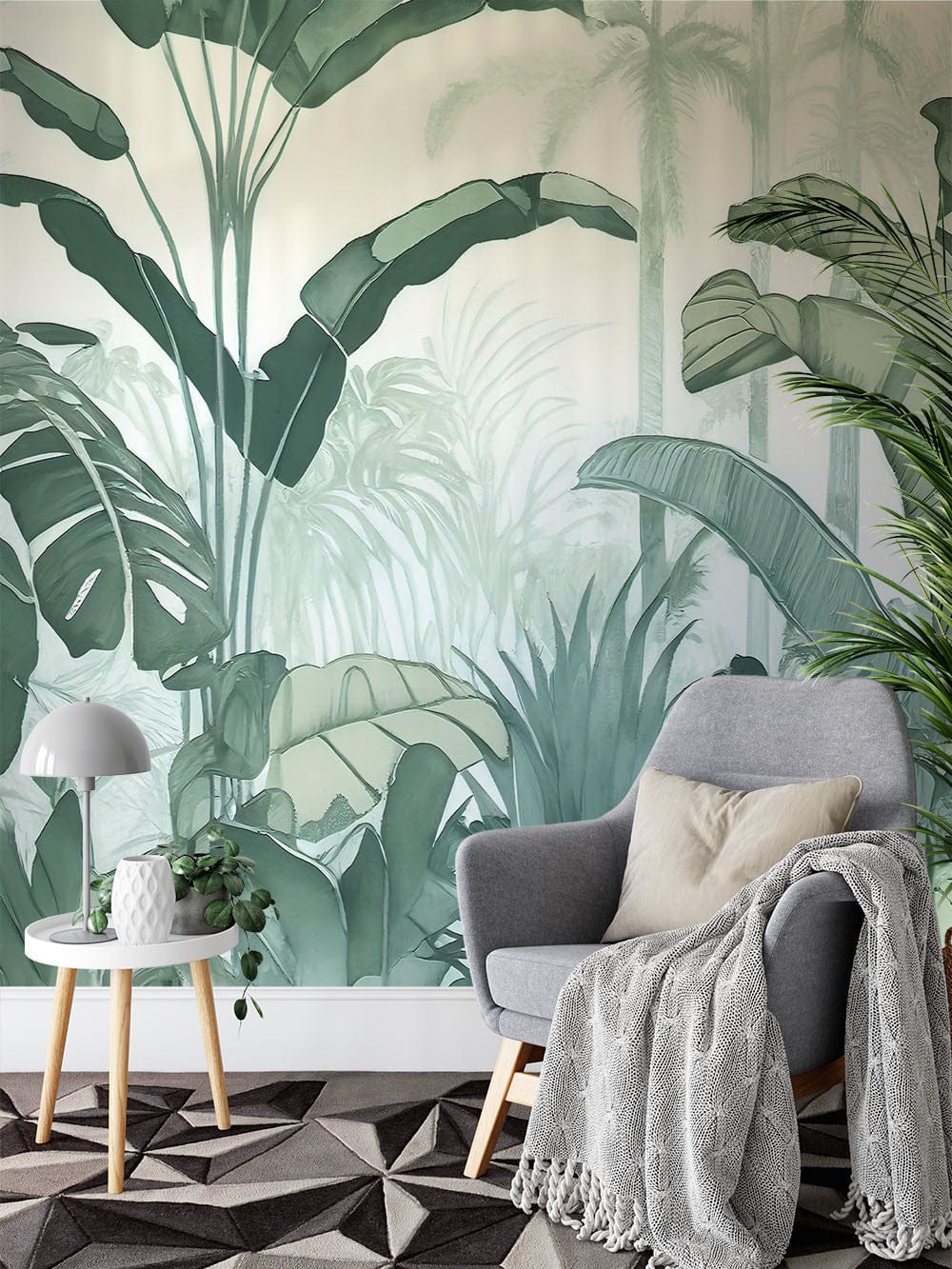 Papier peint panoramique feuillage jungle illustré, dans une chambre adulte