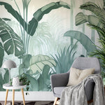 Papier peint panoramique feuillage jungle illustré, dans une chambre adulte