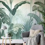 Papier peint panoramique feuillage jungle illustré, dans une chambre adulte