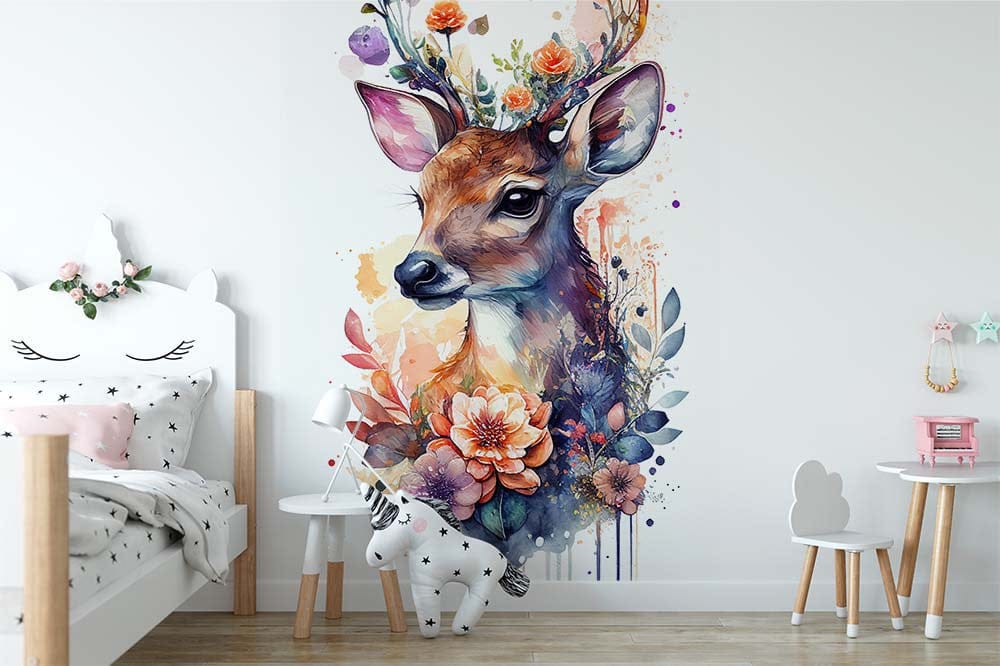 Papier peint panoramique fleuri cerf aquarelle couronne illustré, dans une chambre d'enfant
