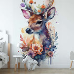 Papier peint panoramique fleuri cerf aquarelle couronne illustré, dans une chambre d'enfant