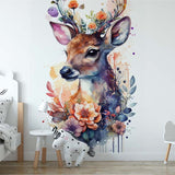 Papier peint panoramique fleuri cerf aquarelle couronne illustré, dans une chambre d'enfant