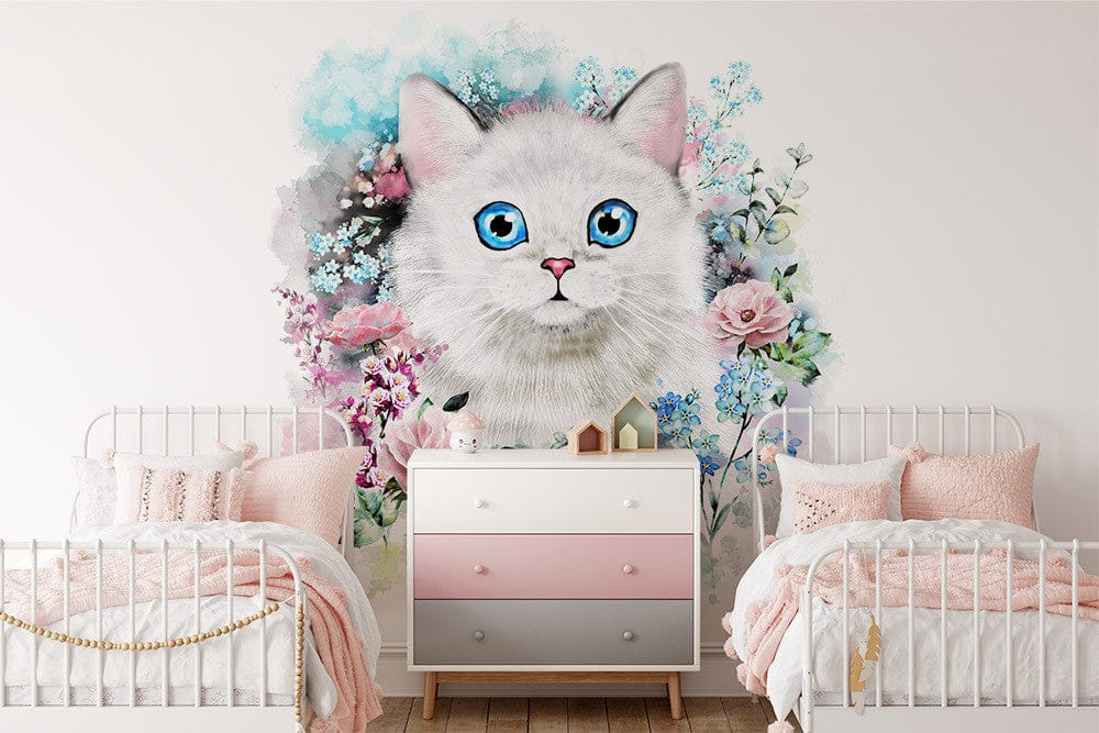 Papier peint panoramique fleuri chat mignon couronne illustré, dans une chambre d'enfant