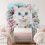 Papier peint panoramique fleuri chat mignon couronne illustré, dans une chambre d'enfant