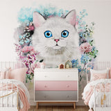 Papier peint panoramique fleuri chat mignon couronne illustré, dans une chambre d'enfant