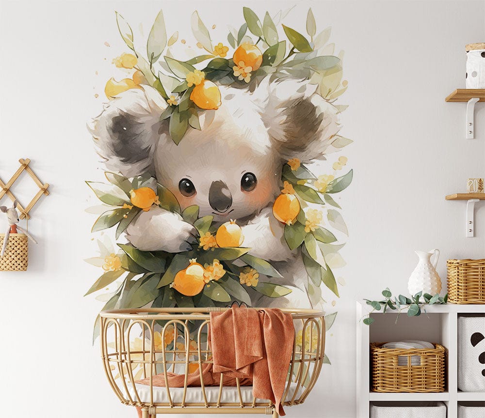 Papier peint panoramique fleuri koala couronne de fleurs illustré, dans une chambre de bébé
