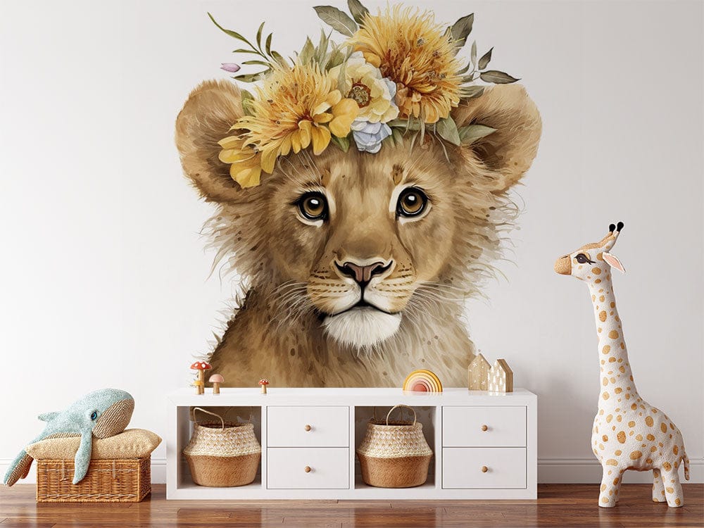 Papier peint panoramique fleuri lion chapeau illustré, dans une chambre d'enfant
