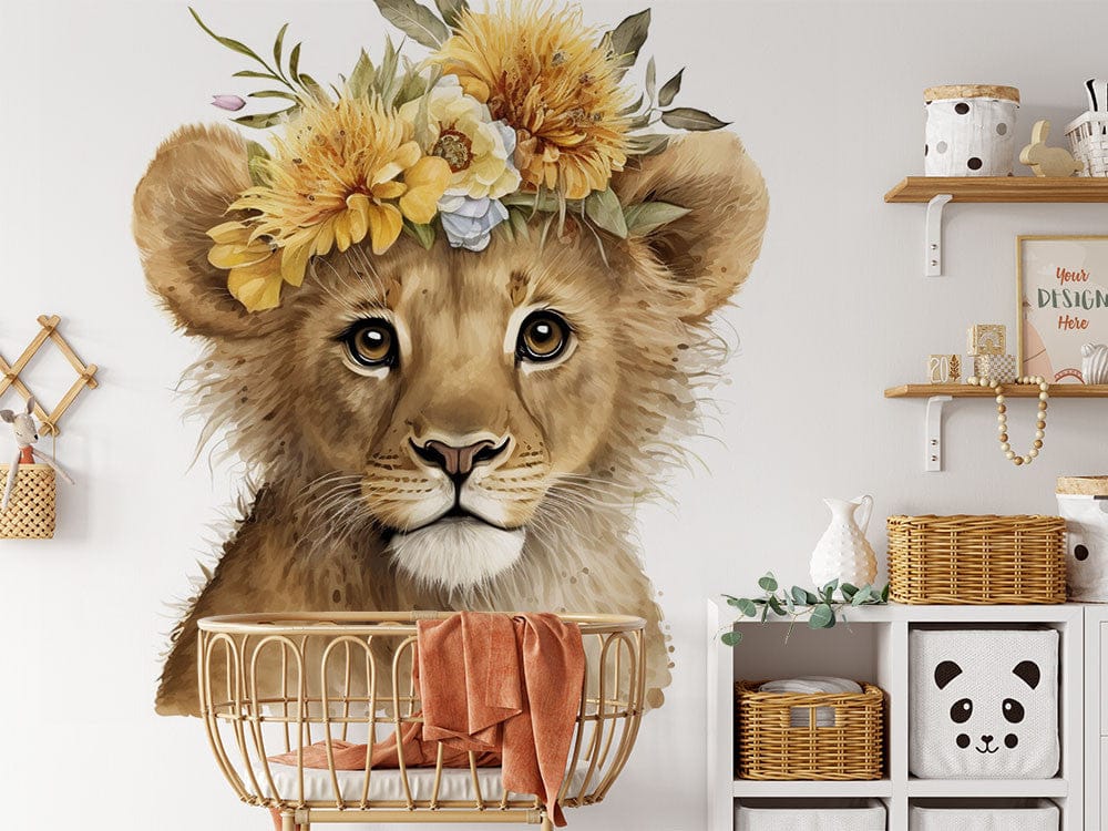 Deuxième vue du papier peint fleuri lion chapeau dans une chambre d'enfant