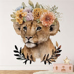 Papier peint panoramique fleuri lion coiffe indienne illustré, dans une chambre d'enfant