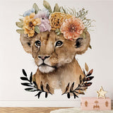 Papier peint panoramique fleuri lion coiffe indienne illustré, dans une chambre d'enfant