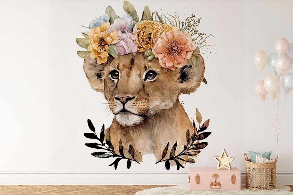 Papier peint panoramique fleuri lion coiffe indienne illustré, dans une chambre d'enfant