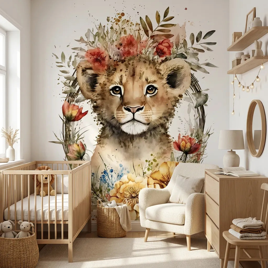 Papier peint panoramique fleuri lionne aquarelle couronne illustré, dans une chambre d'enfant