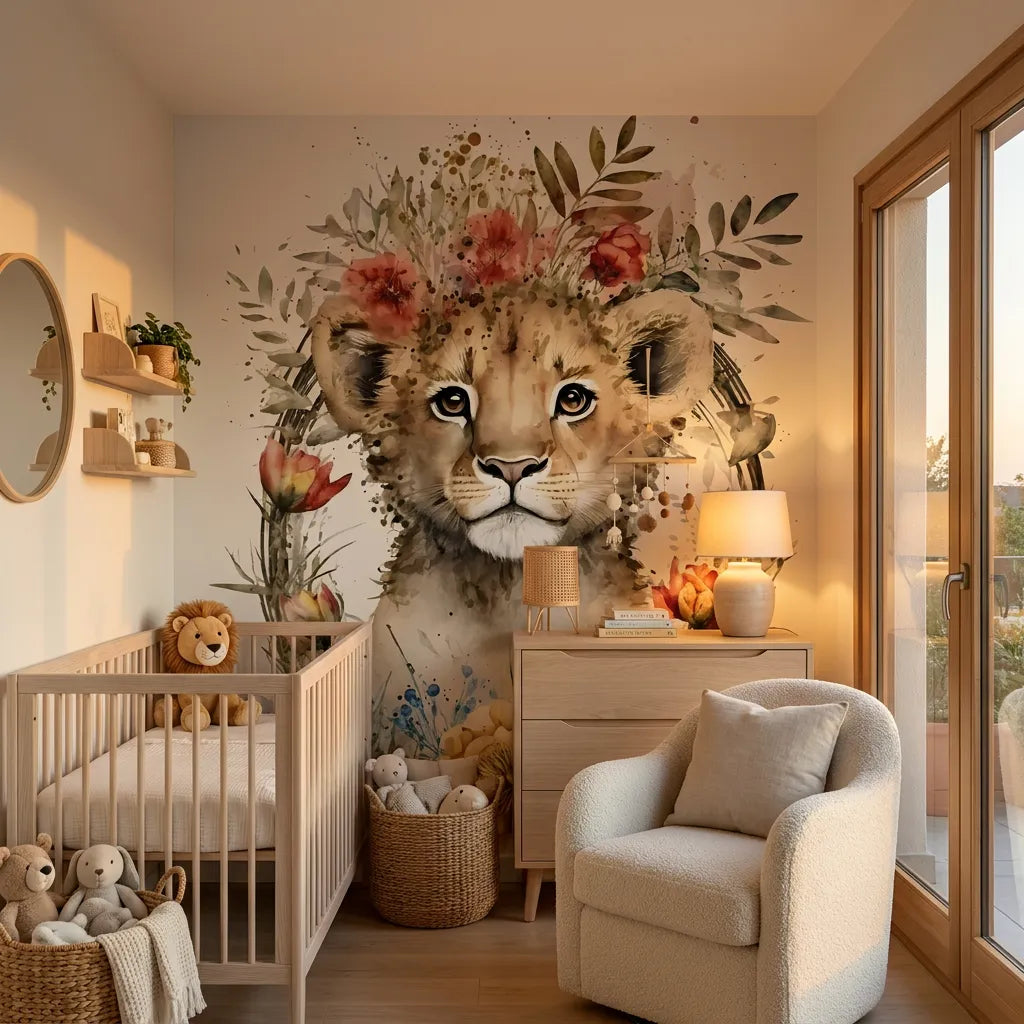 Deuxième vue du papier peint fleuri lionne aquarelle couronne dans une chambre d'enfant