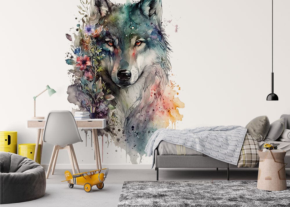 Papier peint panoramique fleuri loup aquarelle couronne illustré, dans une chambre d'enfant