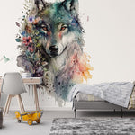 Papier peint panoramique fleuri loup aquarelle couronne illustré, dans une chambre d'enfant