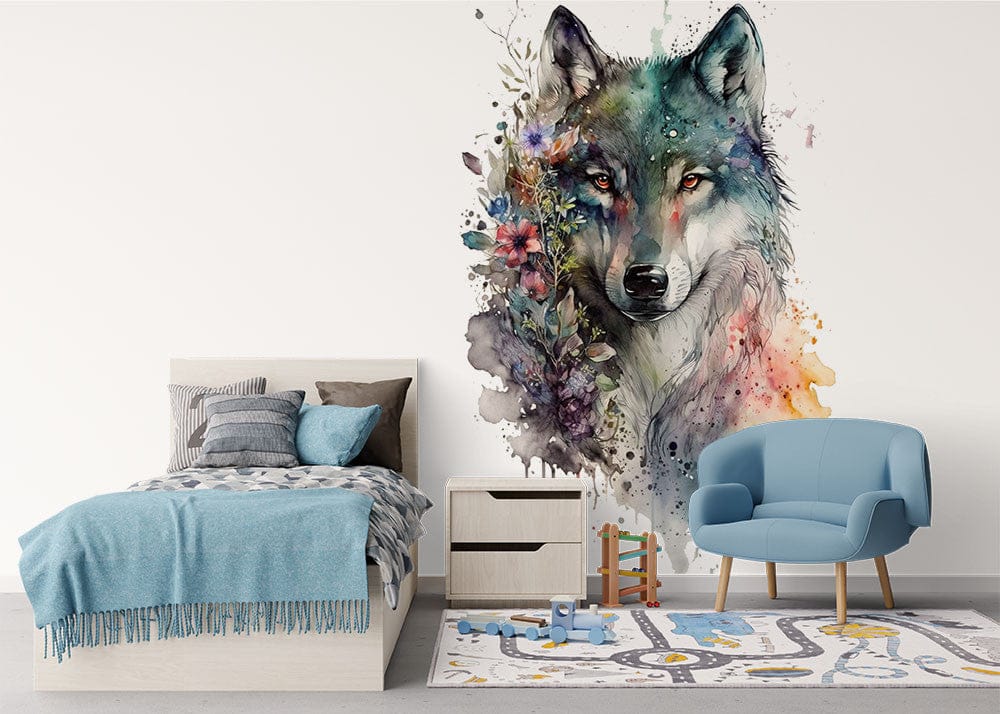 Deuxième vue du papier peint fleuri loup aquarelle couronne dans une chambre d'enfant
