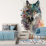 Deuxième vue du papier peint fleuri loup aquarelle couronne dans une chambre d'enfant