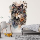 Papier peint panoramique fleuri loup illustré, dans une chambre d'enfant