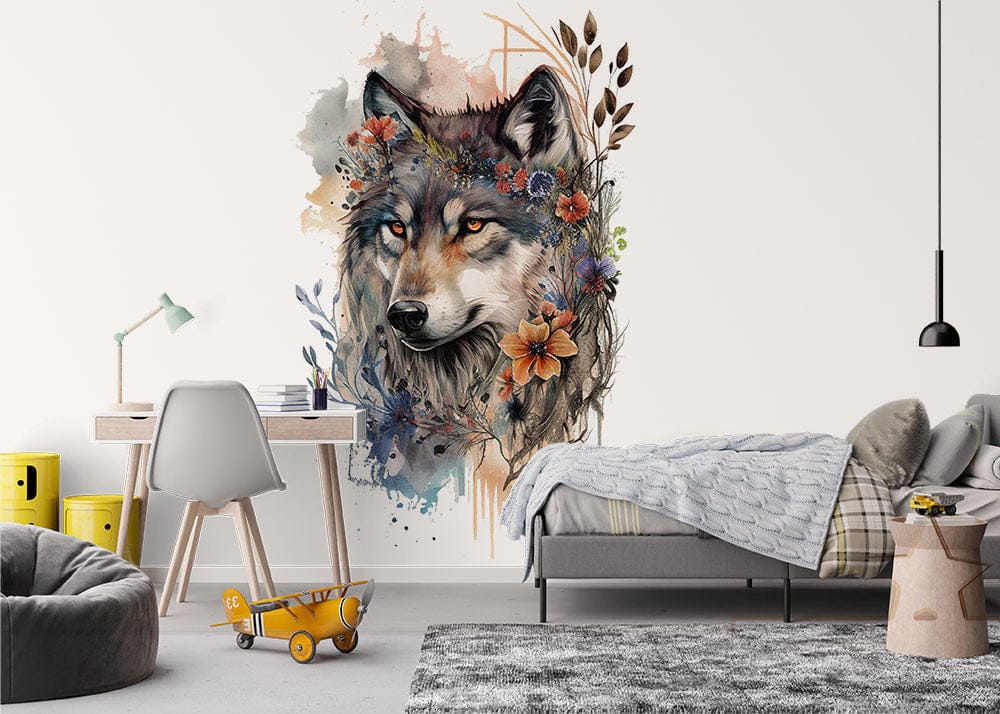 Papier peint panoramique fleuri loup illustré, dans une chambre d'enfant
