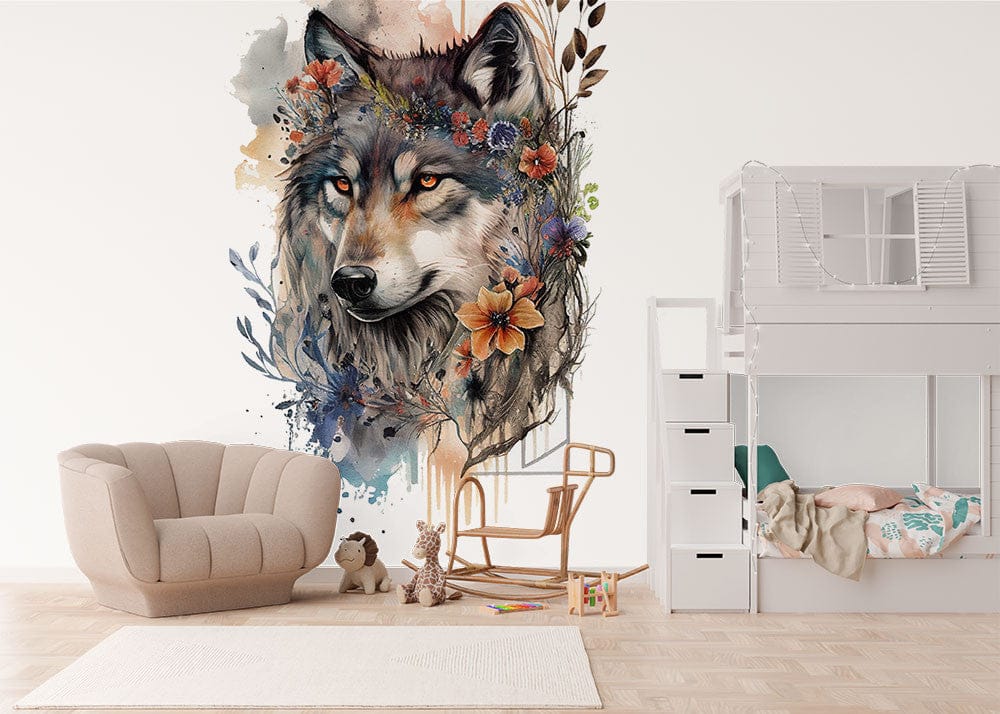 Deuxième vue du papier peint fleuri loup dans une chambre d'enfant