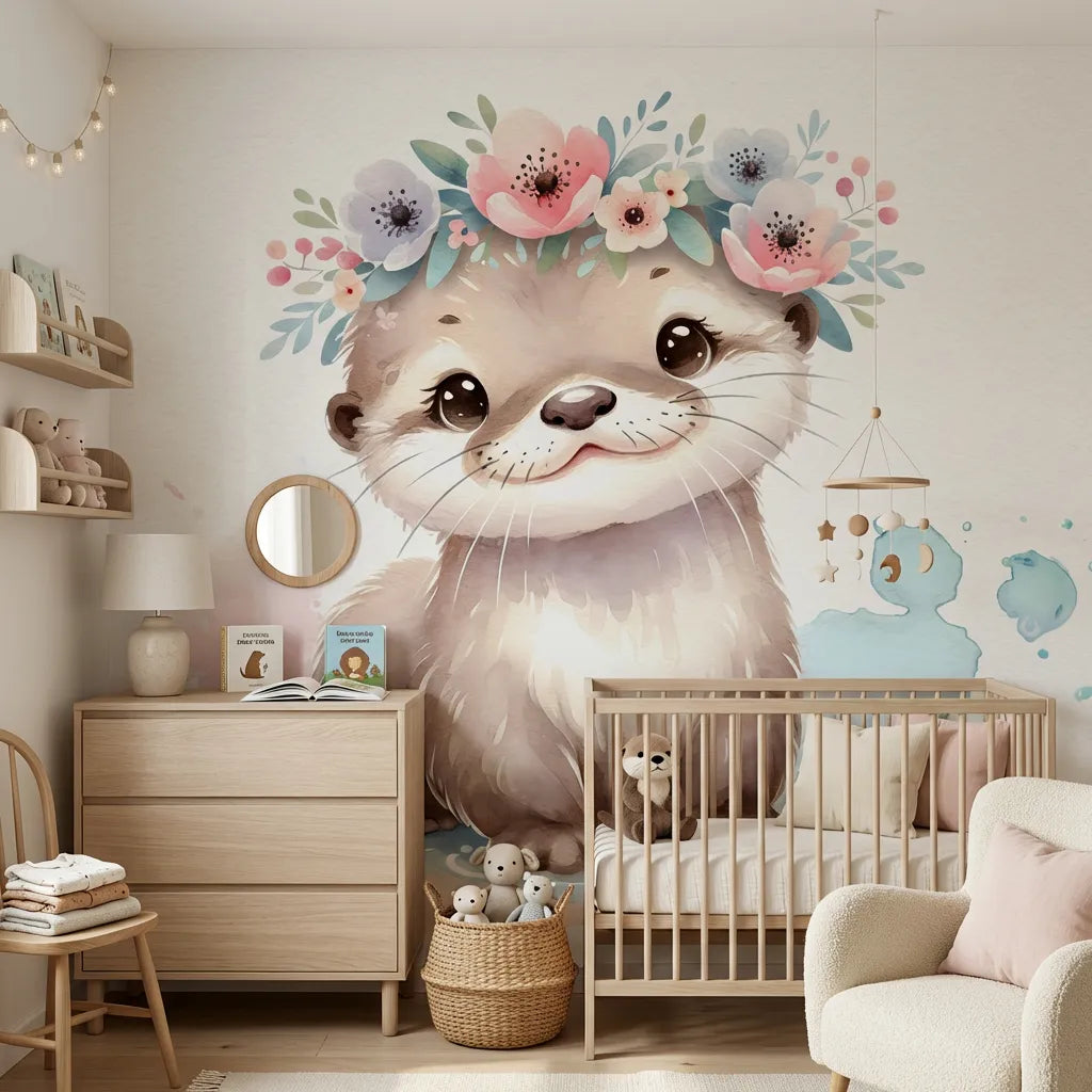 Papier peint panoramique fleuri loutre couronne de fleurs illustré, dans une chambre de bébé