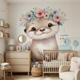 Papier peint panoramique fleuri loutre couronne de fleurs illustré, dans une chambre de bébé