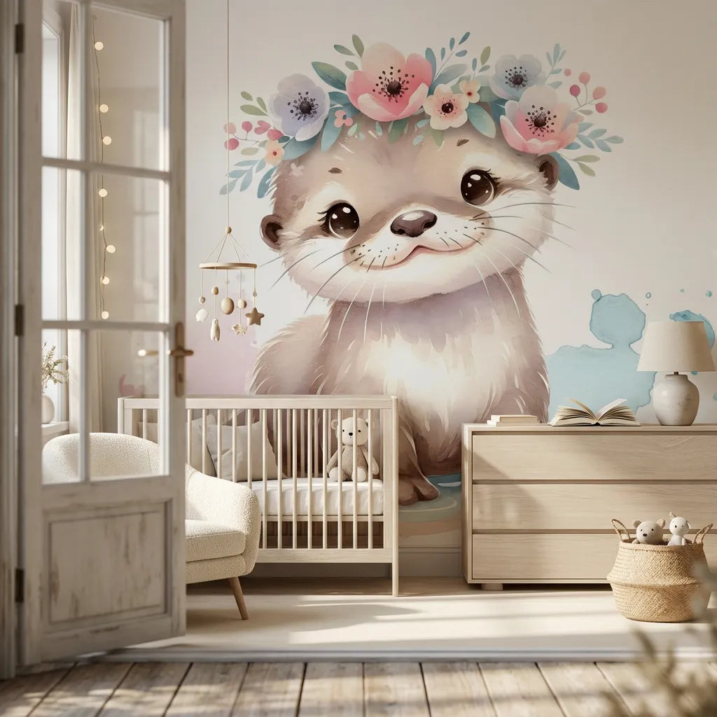 Deuxième vue du papier peint fleuri loutre couronne de fleurs dans une chambre de bébé