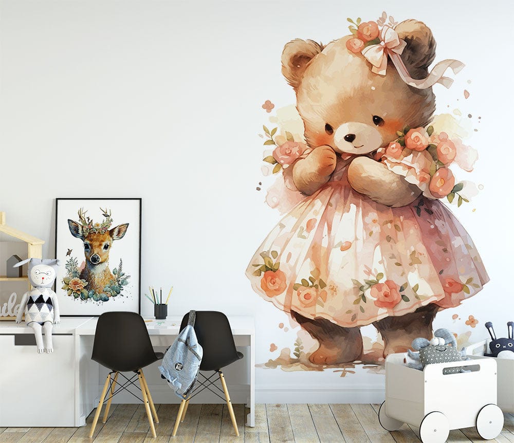 Papier peint panoramique fleuri ours couronne de fleurs illustré, dans une chambre de bébé