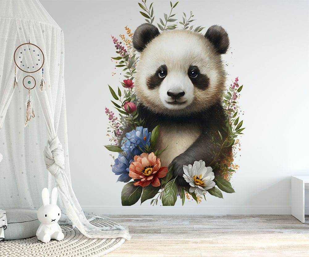 Papier peint panoramique fleuri panda illustré, dans une chambre d'enfant