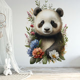 Papier peint panoramique fleuri panda illustré, dans une chambre d'enfant