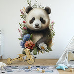 Deuxième vue du papier peint fleuri panda dans une chambre d'enfant