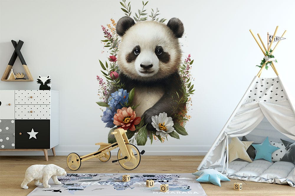 Deuxième vue du papier peint fleuri panda dans une chambre d'enfant