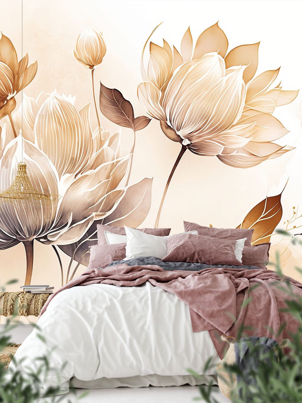 Troisième vue du papier peint floral 3 dans une chambre adulte