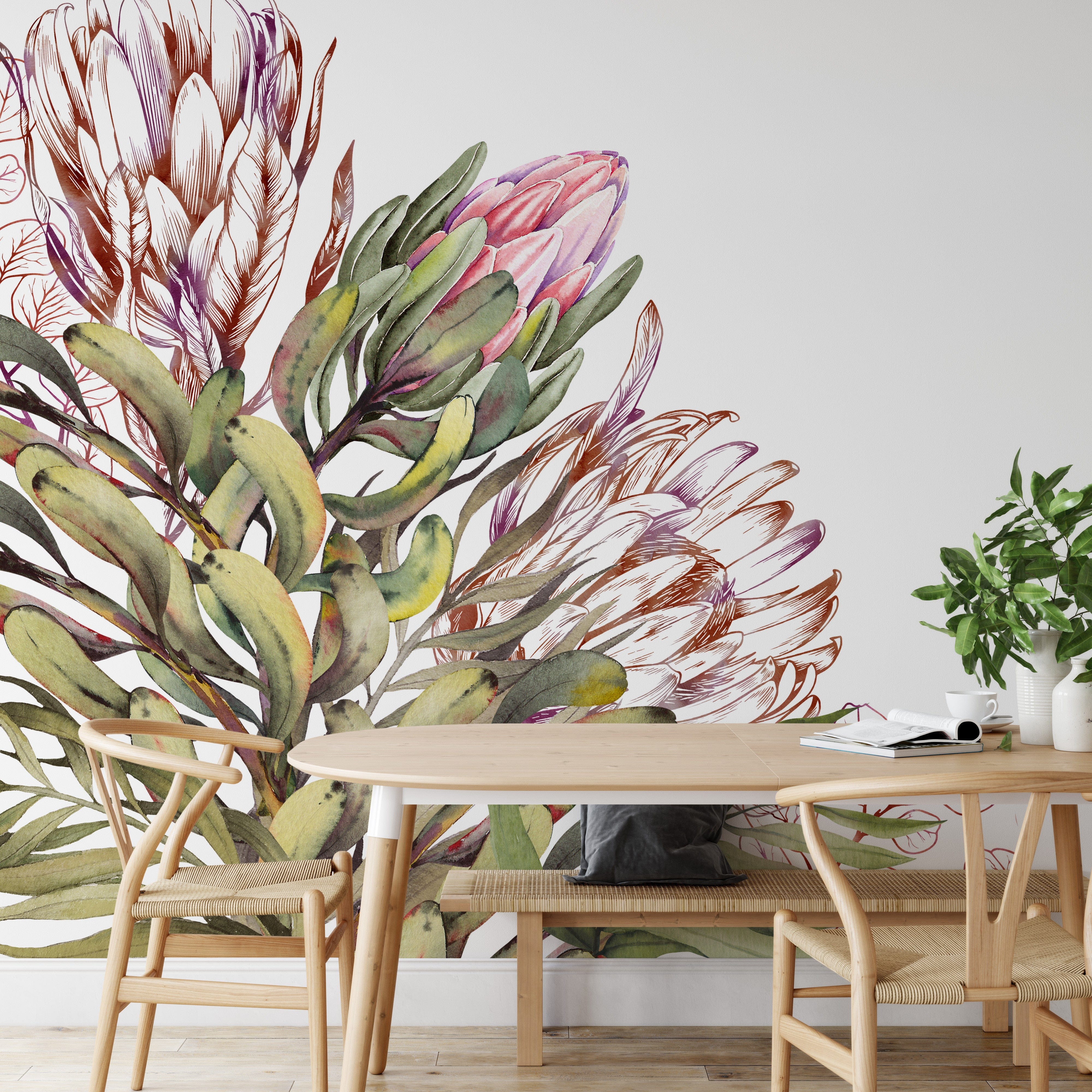 Papier peint panoramique floral illustré, dans une chambre adulte