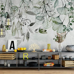 Papier peint panoramique floral eucalyptus illustré, dans une chambre adulte