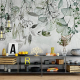 Papier peint panoramique floral eucalyptus illustré, dans une chambre adulte