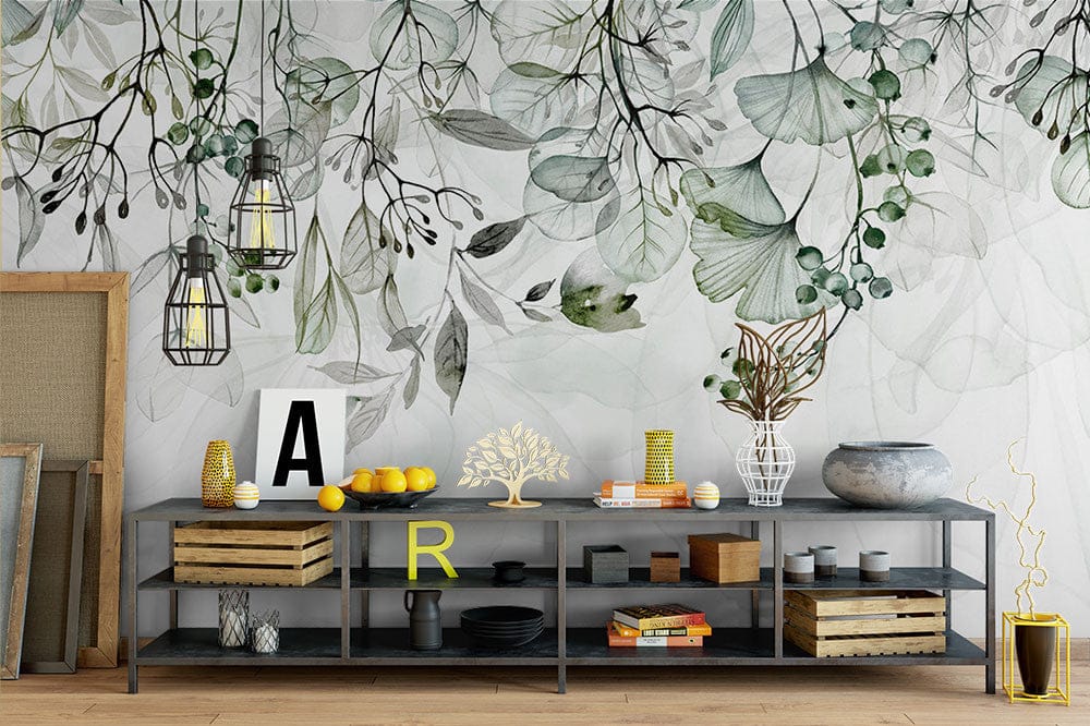 Papier peint panoramique floral eucalyptus illustré, dans une chambre adulte