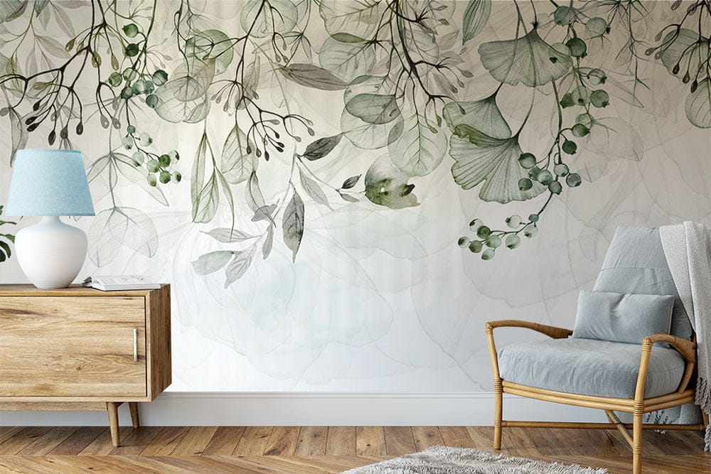 Deuxième vue du papier peint floral eucalyptus dans une chambre adulte
