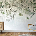 Deuxième vue du papier peint floral eucalyptus dans une chambre adulte