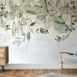 Deuxième vue du papier peint floral eucalyptus dans une chambre adulte