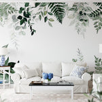 Papier peint panoramique floral eucalyptus motif illustré, dans une chambre adulte