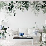 Papier peint panoramique floral eucalyptus motif illustré, dans une chambre adulte