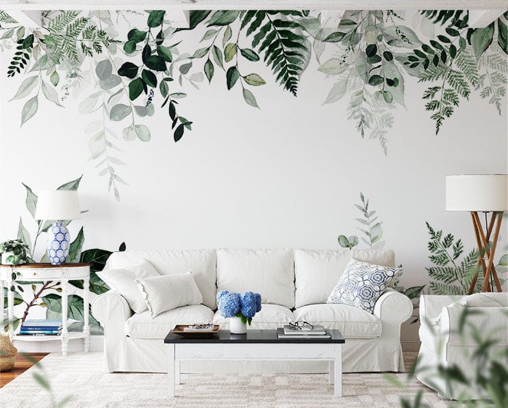 Papier peint panoramique floral eucalyptus motif illustré, dans une chambre adulte